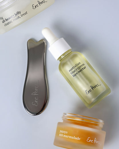 Stainless steel face tool by Ere Perez paired with Australia blue cypress in its bottle and papaya SOS marmalade in its pot