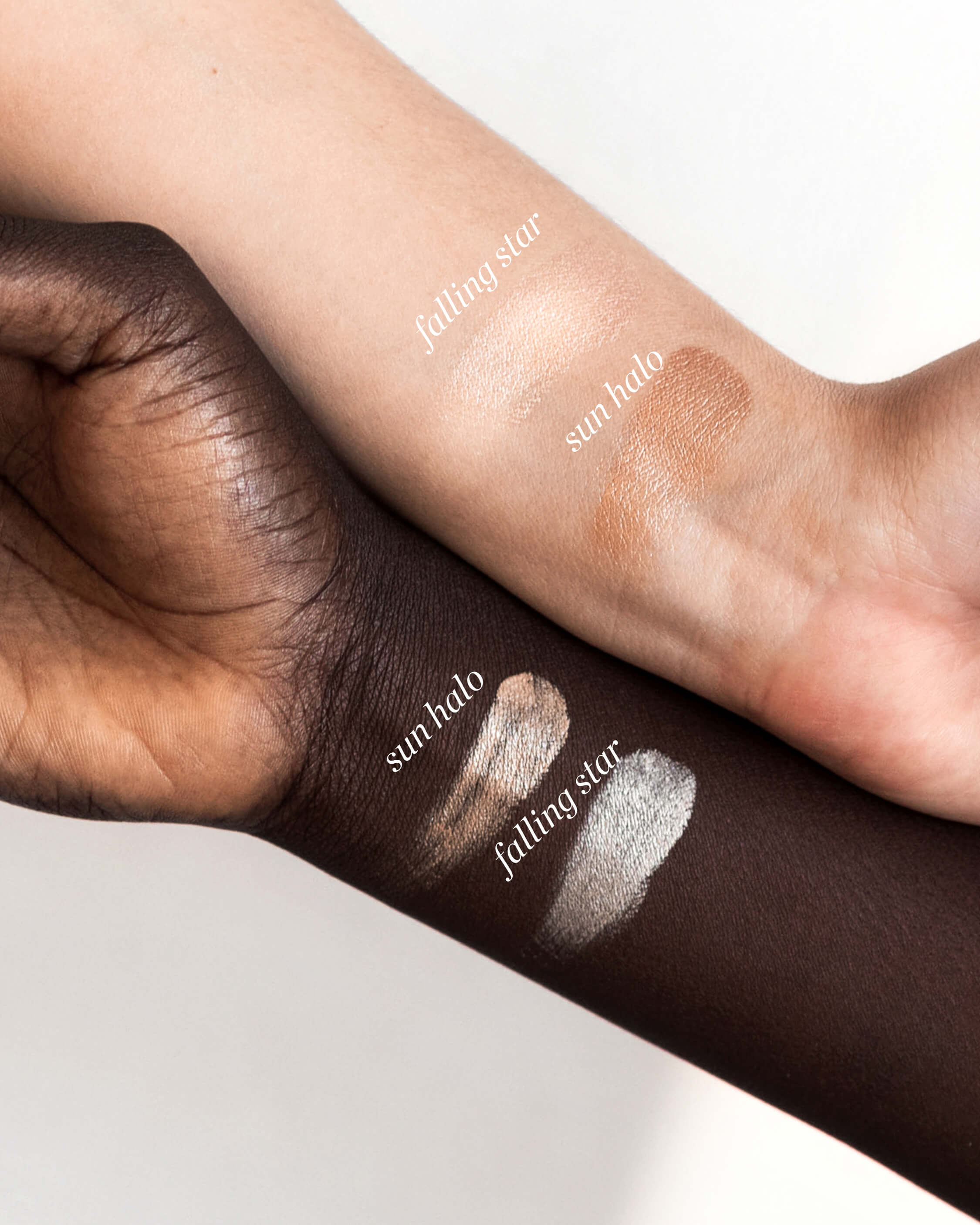 organic vanilla highlighter Ere Perez in 2 different shades applied on different skin tones