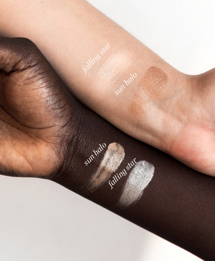 all-natural vanilla highlighter Ere Perez in 2 different shades applied on different skin tones