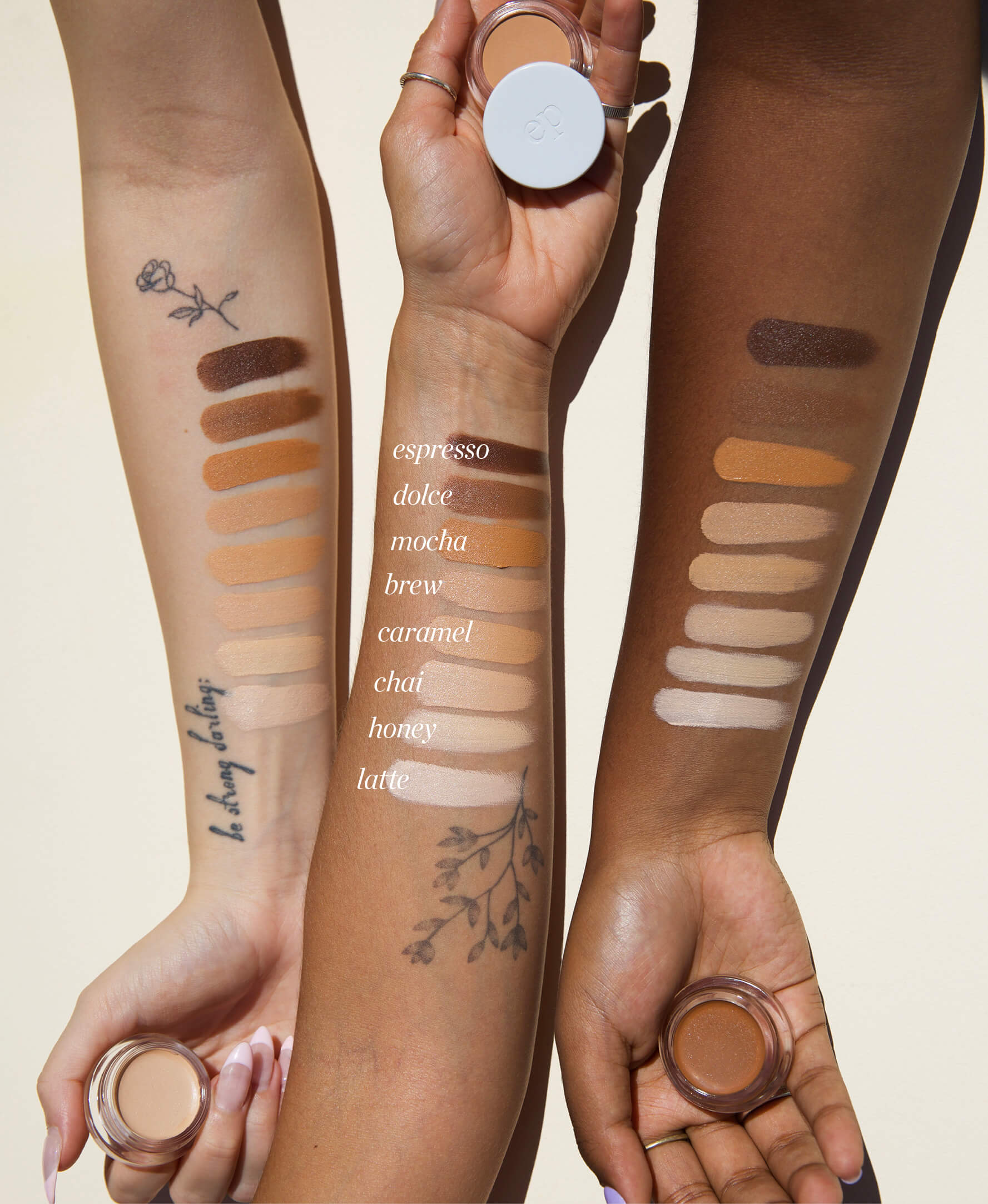 Swatches on various skin tones of different shades of natural arnica all-cover concealer by Ere Perez