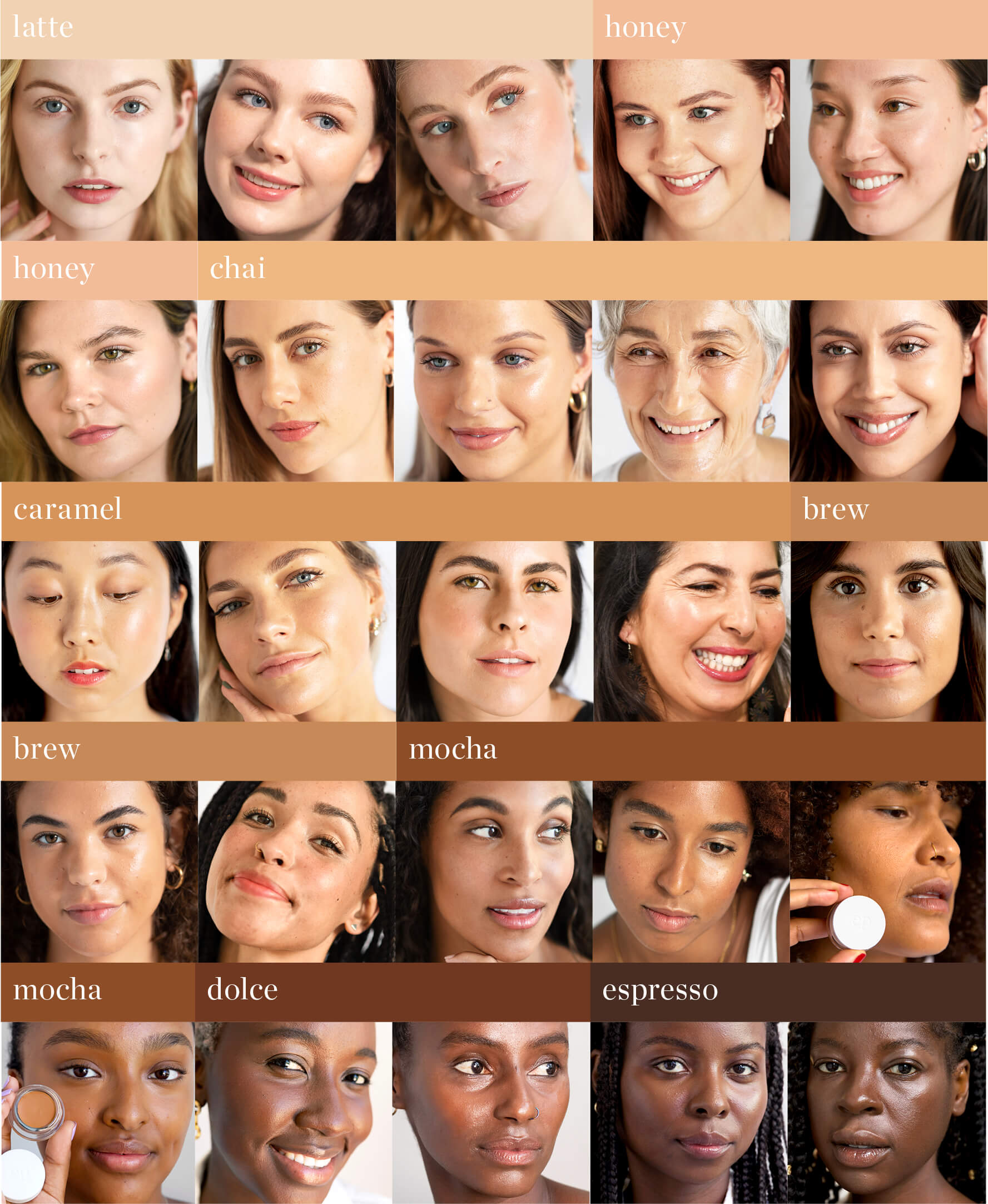Variety of shades applied on different skin tones of natural & gentle arnica all-cover foundation by Ere Perez