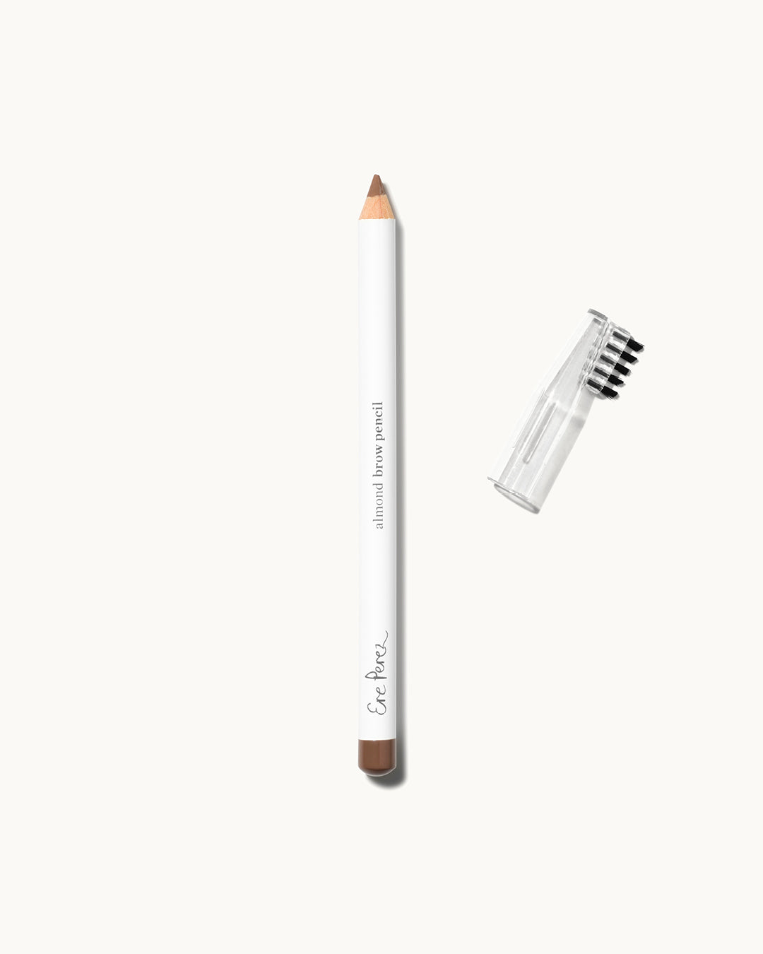 Natural almond brow pencil in its sustainable packaging and with its built in applicator