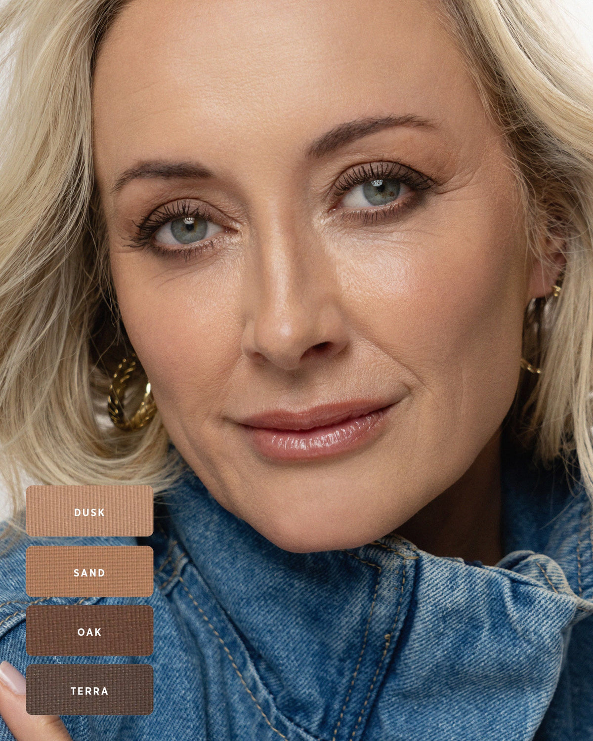 Model demonstrating Element Matte neutral eyeshadow look.
