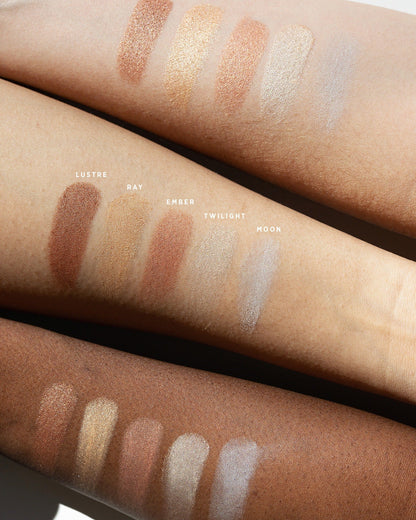Light Shimmer Moon Twilight Ember Ray and Lustre swatches on varied skin tones.