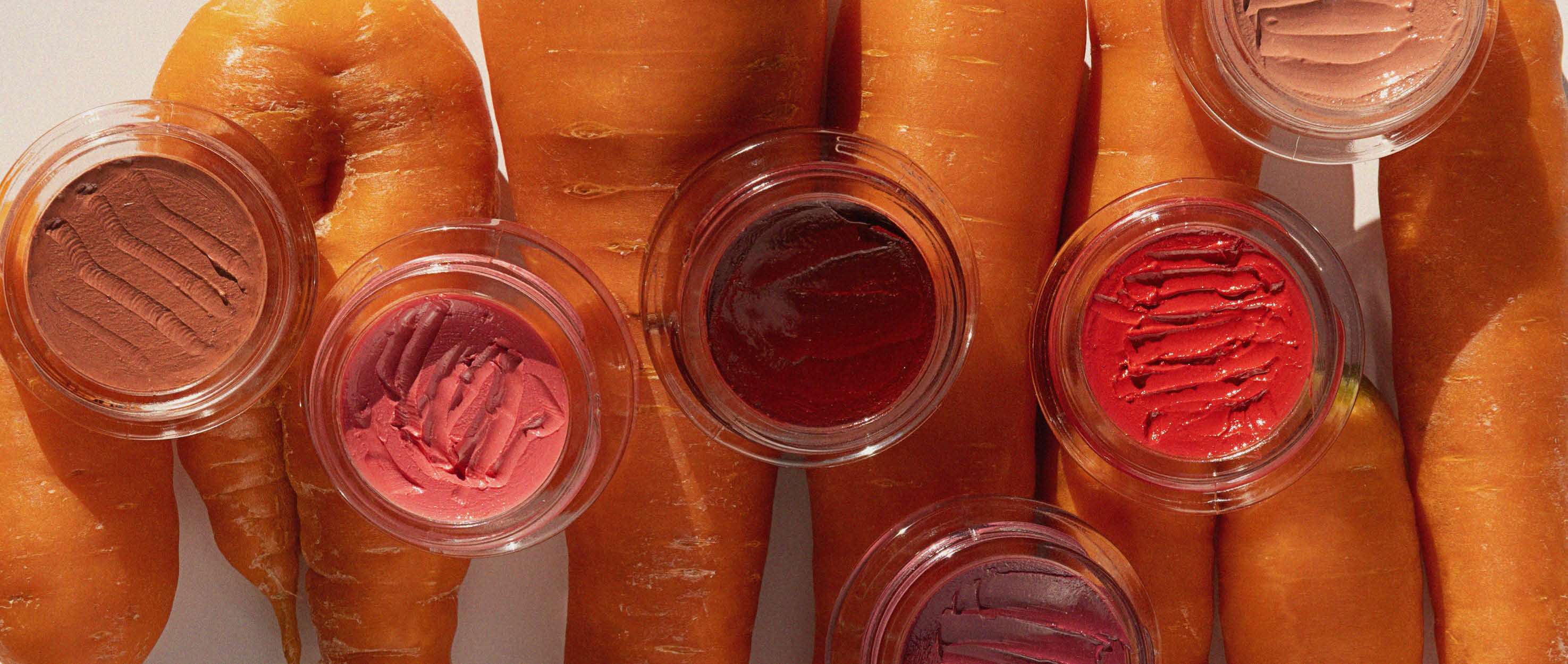 Many carrot colour pot blushes placed on top of many carrots