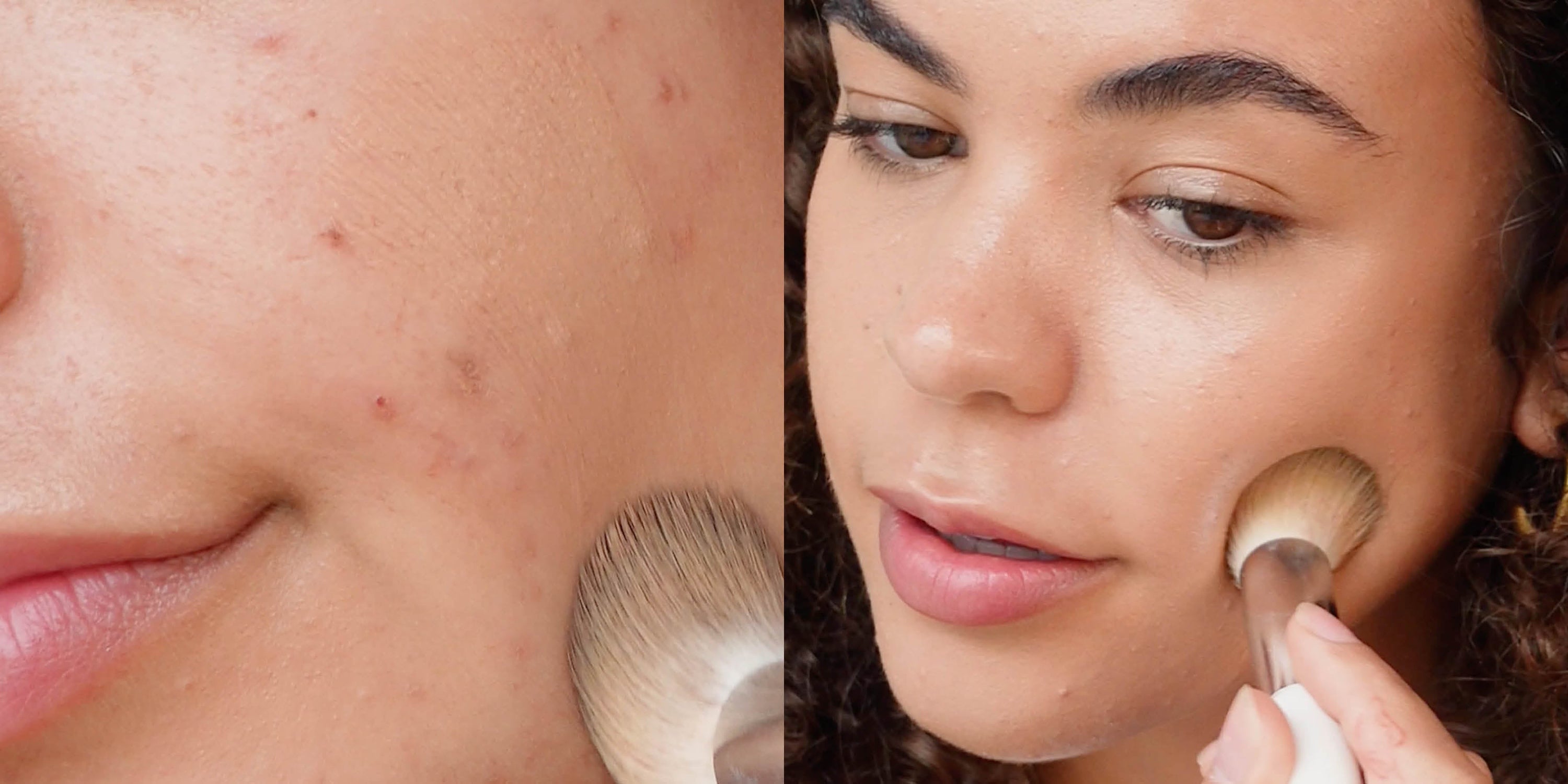Split image showing skin texture before and after applying Ere Perez complexion makeup, with a brush blending product onto the cheek.