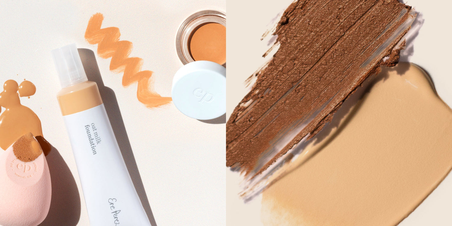Ere perez Oat milk foundation and arnica all cover pot flatlay alongside swatches.