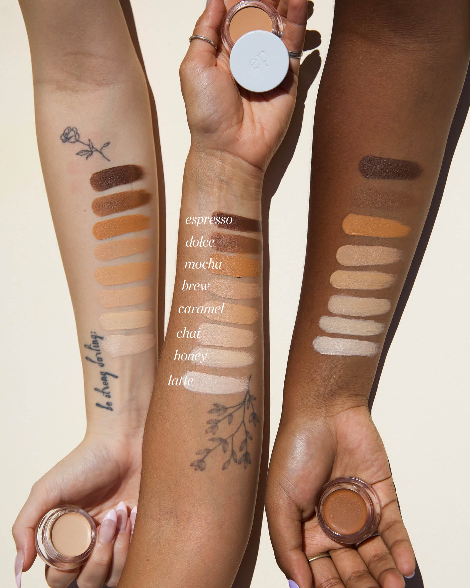 Different skin tones having swatches of Arnica All Cover Pot applied 