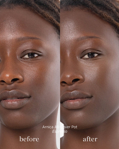 Before and after image of person who has applied Arnica All Cover Pot in the shade espresso 
