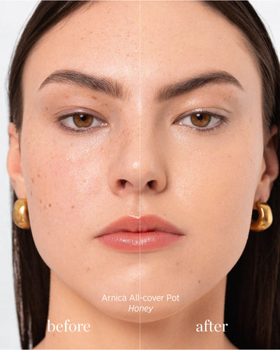 Before and after images of people applying Arnica All Cover Pot in the shade honey 