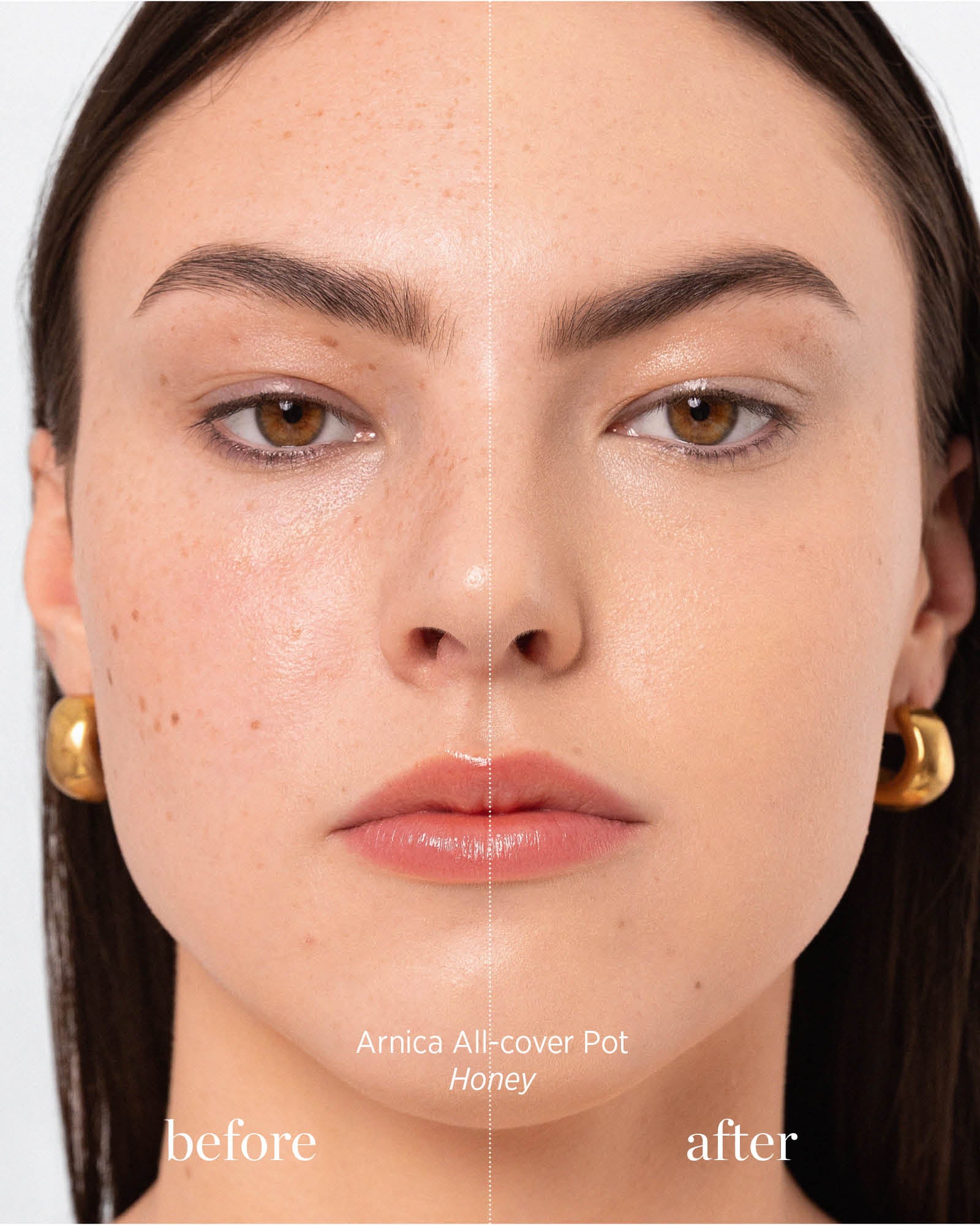 Before and after images of people applying Arnica All Cover Pot in the shade honey 