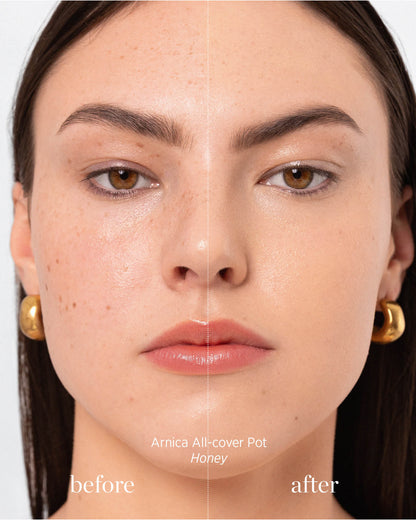 Before and after images of people applying Arnica All Cover Pot in the shade honey 