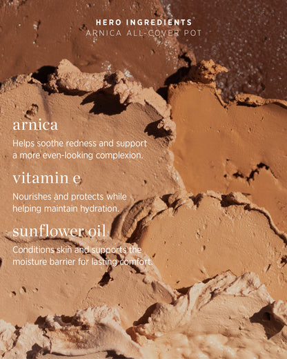 Cosmetic Ere Perez Arnica All Cover Pot on a swatch background, highlighting ingredients and benefits 