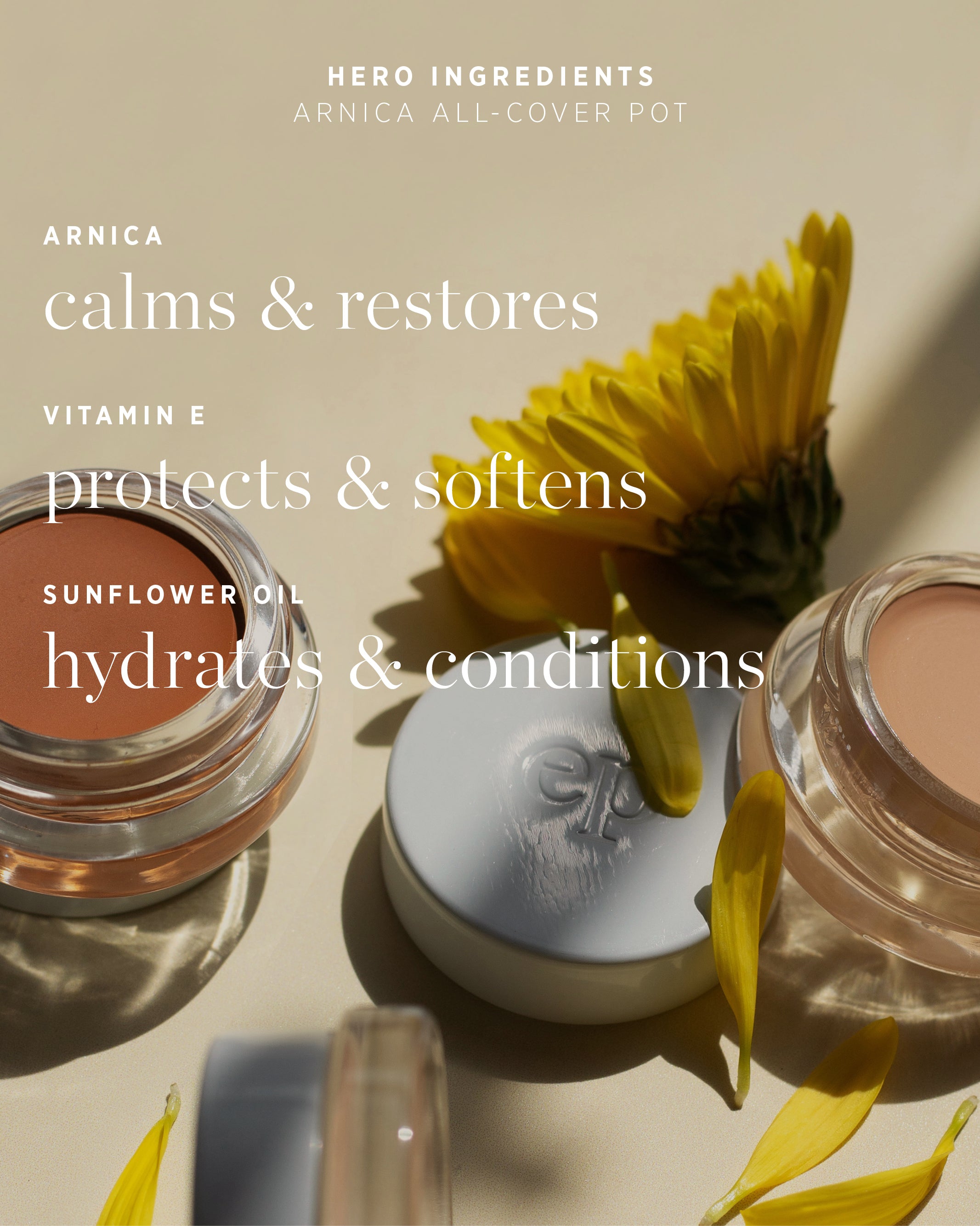 Many Cosmetic Ere Perez Arnica All Cover Pots background, highlighting ingredients and benefits 