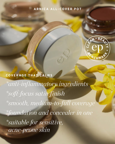 Many Cosmetic Ere Perez Arnica All Cover Pots background, highlighting ingredients and benefits 