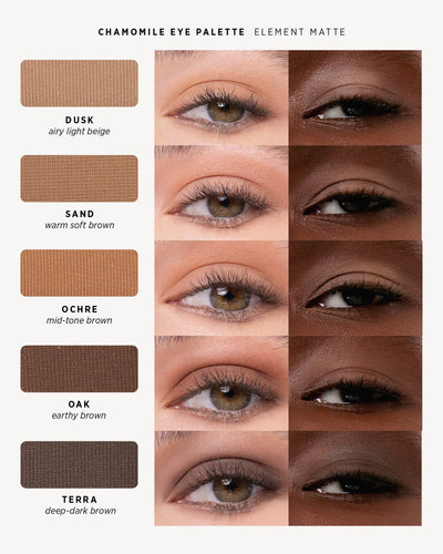Element Matte eyeshadow shade chart Dusk Sand Ochre Oak Terra. 