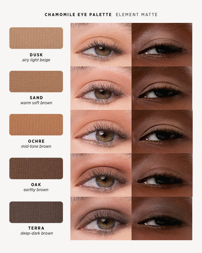 Element Matte eyeshadow shade chart Dusk Sand Ochre Oak Terra. 
