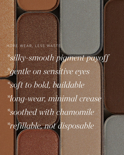 Chamomile Eye Palette benefits including blendable pigment and refillability. 