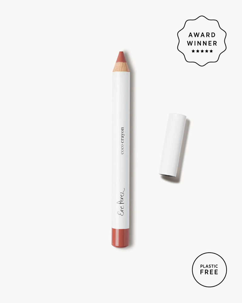 gentle moisturising coco crayon by Ere Perez applied on skin and in its waste-free crayon for a natural long-lasting colour   #shade_aura