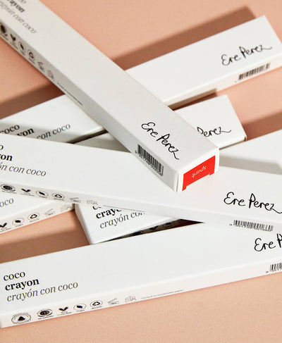 multiple eco-friendly coco crayons in their zero waste packaging by Ere Perez  
