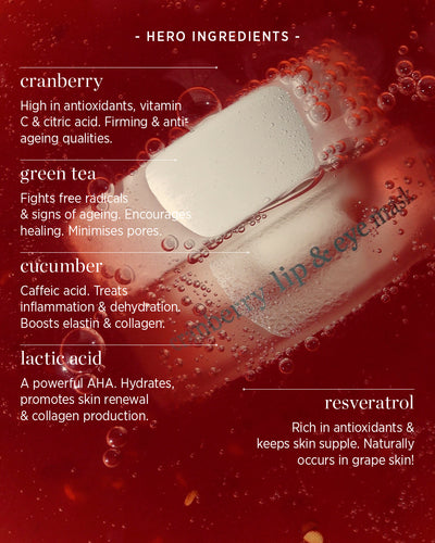 all-natural hero ingredients of Ere Perez cranberry lip &amp; eye mask and their main benefits