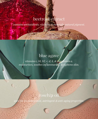 all-natural ingredients of beetroot cheek &amp; lip tint  by Ere Perez and their benefits 