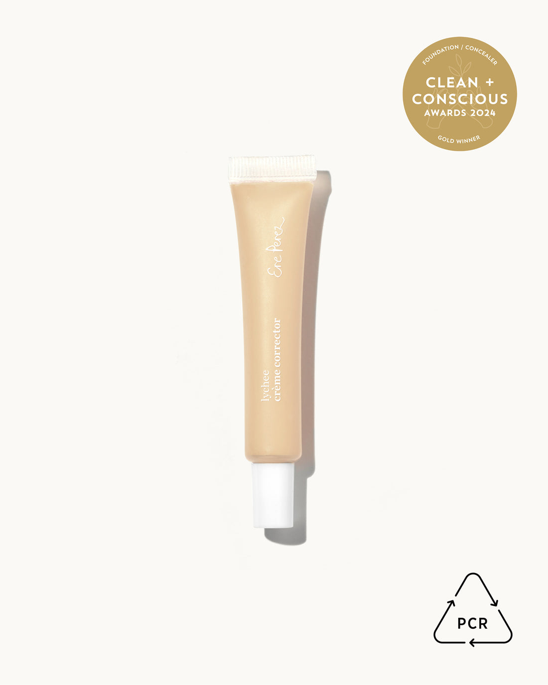 bottle of natural award-winning lychee creme corrector with bottle made of sustainable PCR plastic