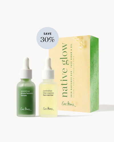 Native Glow skincare products including a serum, face serum &amp; oil, and packaging on a white background.