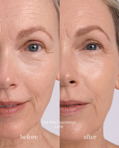 Natural &amp; delicate oat milk foundation applied on skin for clear complexion  