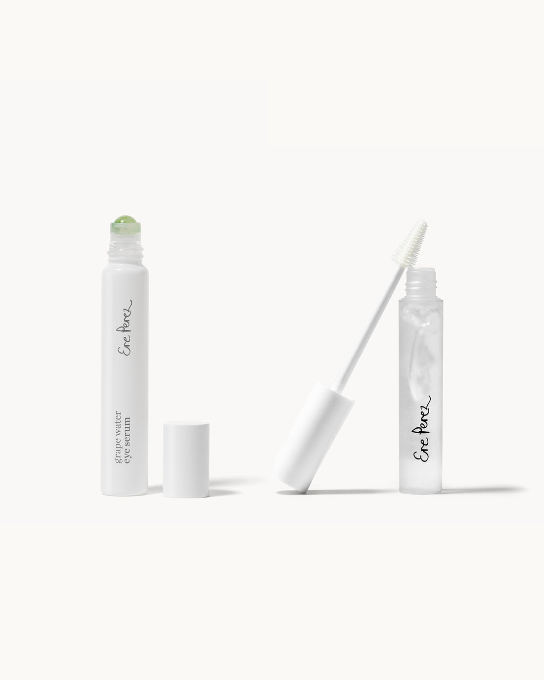 bottle of gentle grape water eye serum and tube of clear brow and lash gel