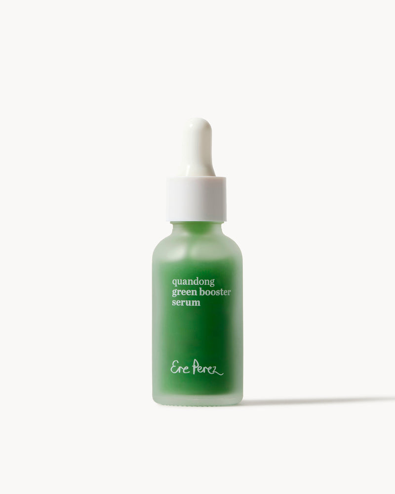 Green serum bottle with dropper labeled 'quandong green booster serum' on a white background #size_30ml 