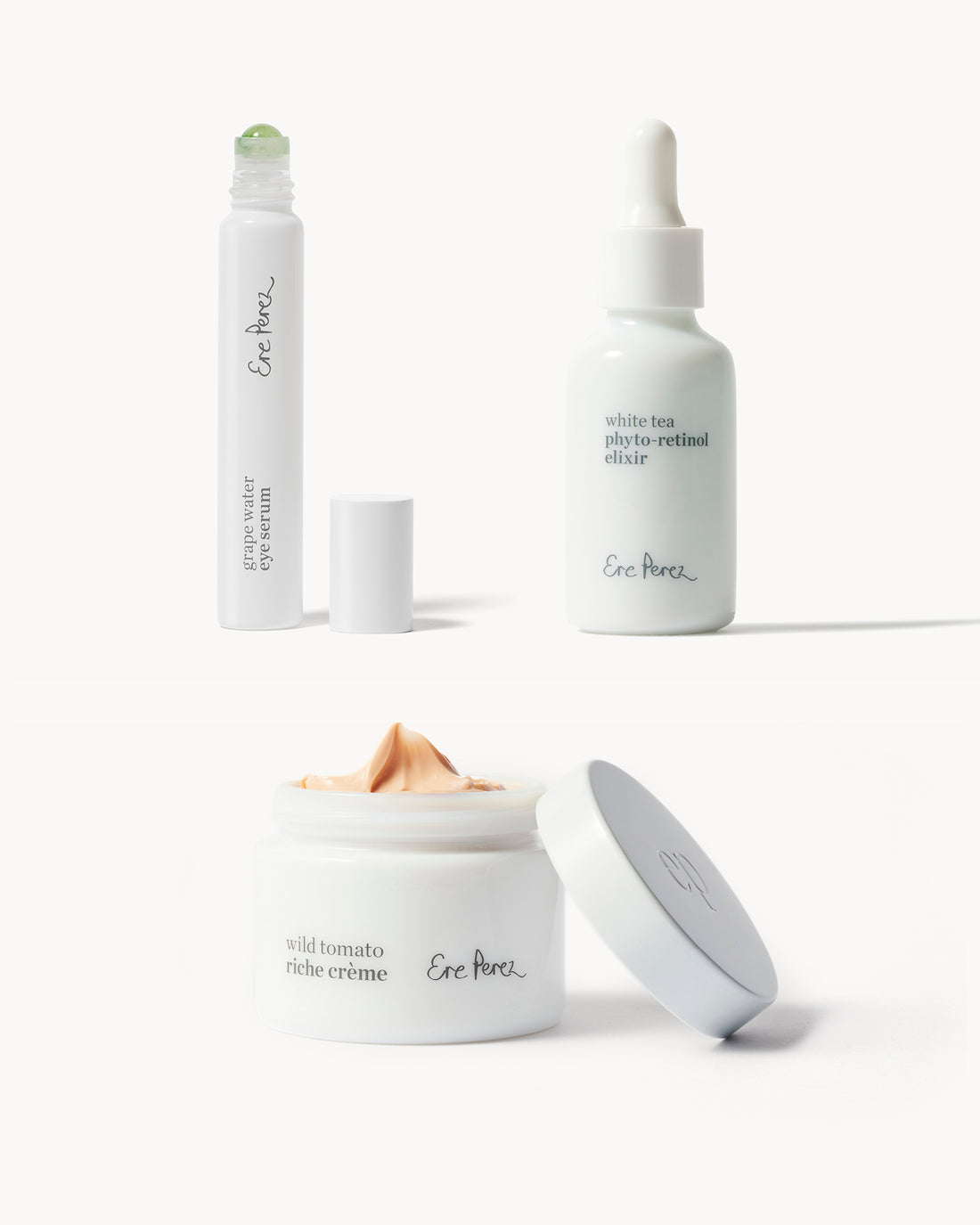 Radiance restore set by Ere Perez with white tea photo-retinol elixir, grape water eye serum and wild tomato riche creme for moisturising anti-ageing effect