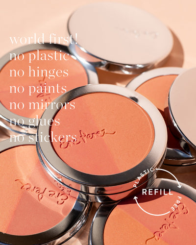 natural rice powder blush by Ere Perez worlds in its plastic-free refillable packaging, worlds first without hinges, paint, mirror, glues or stickers