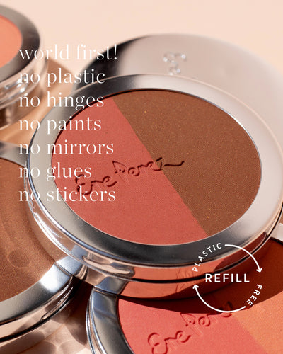 worlds first plastic-free refillable packaging with no hinges, paints, mirrors, glues or stickers.