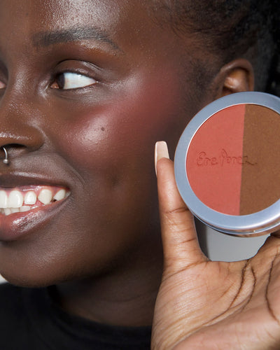 natural rice powder blush &amp; bronzer refill by Ere Perez in wheel and applied to skin to accentuate features