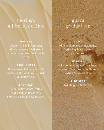 All-natural hero ingredients in moringa all-beauty crème and guava gradual tan and their main benefits