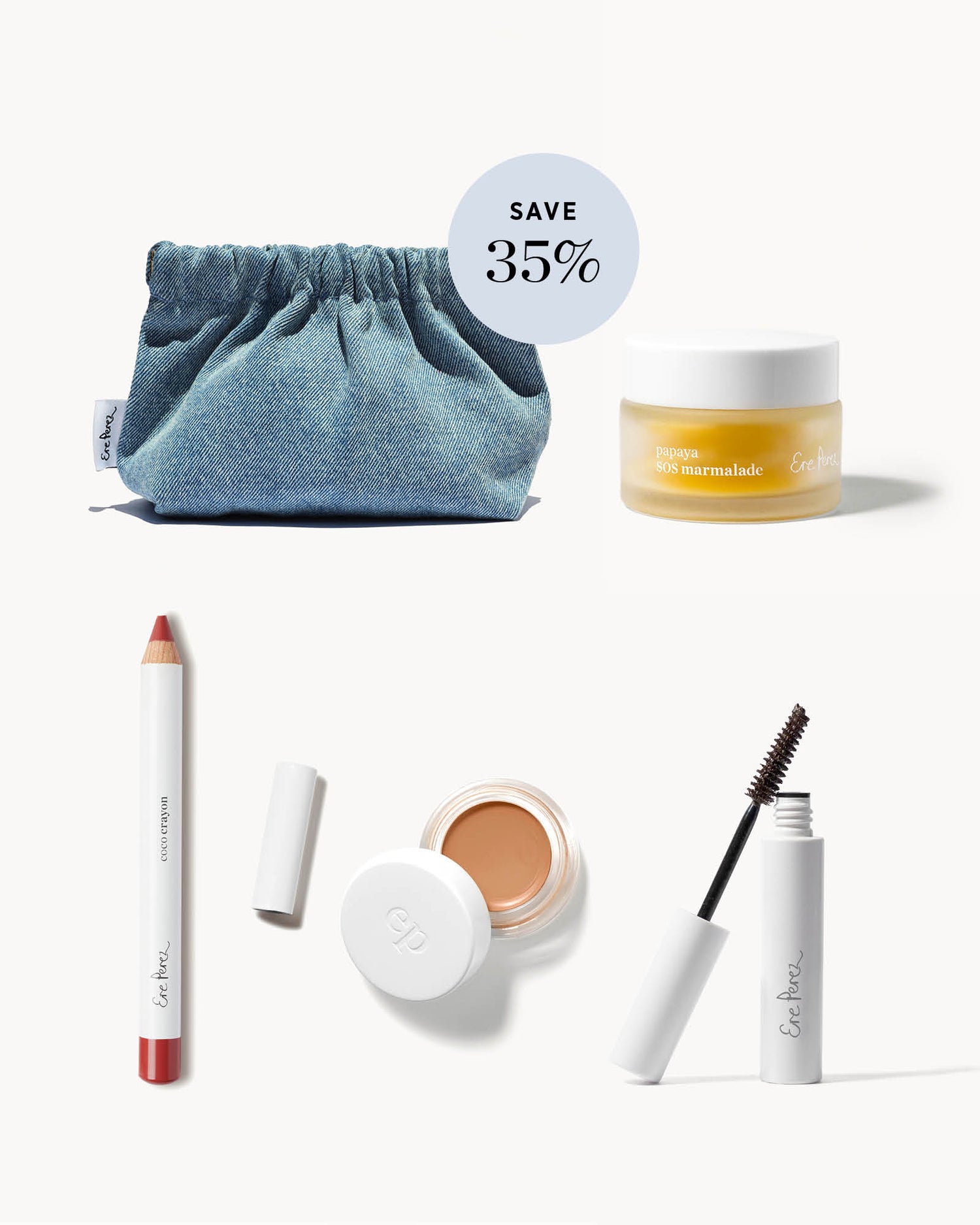 Cosmetic products including a blue pouch, lip balm, mascara, and other items on a white background with a discount label.