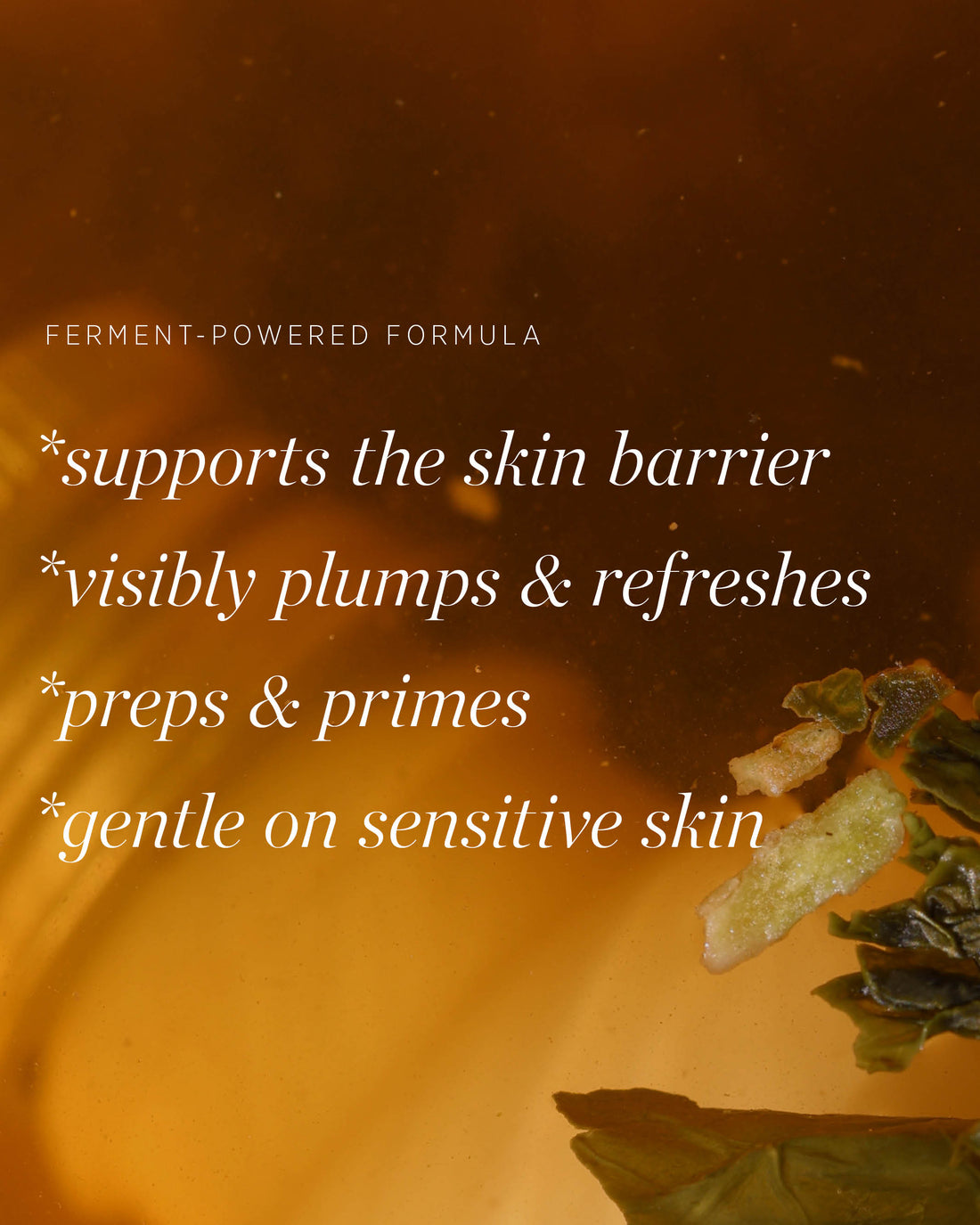 A close-up amber cosmetic or skincare texture shot with white text reading &