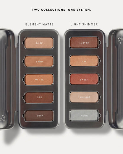 Element Matte and Light Shimmer complete shade collections side by side. 