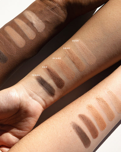 Element Matte neutral eyeshadow swatches on three skin tones. 