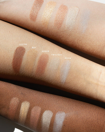 Light Shimmer Moon Twilight Ember Ray and Lustre swatches on varied skin tones. 